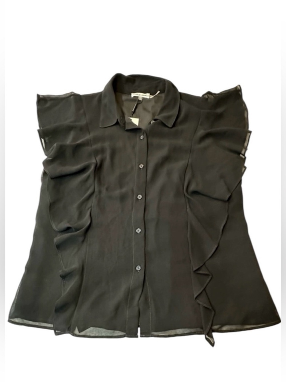 NWT Calvin  Klein Black Ruffled Notched Collar Blouse Size M
